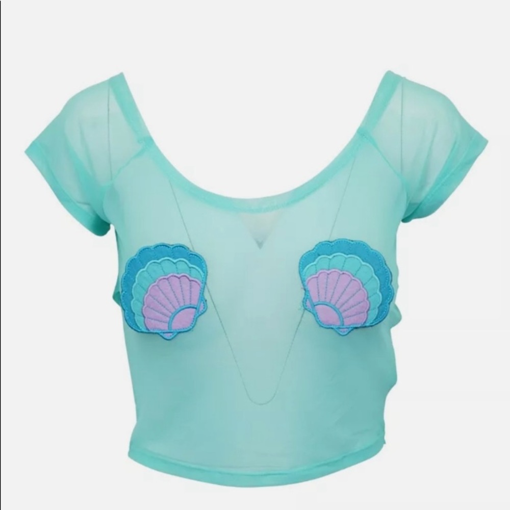 NEW! IRON FIST | MERMAID FOR LIFE | Mesh Crop Top Aqua Seashells Size MEDIUM